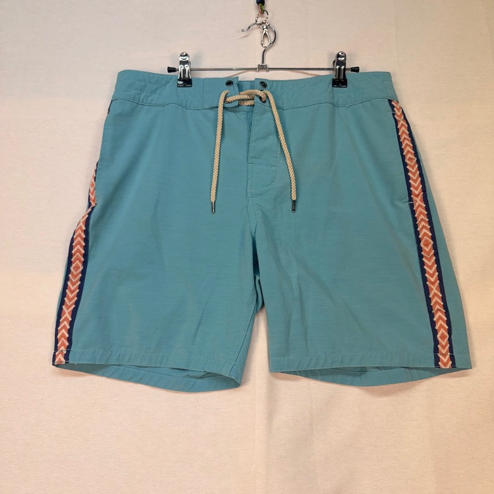 Faherty Brand Mens Board Shorts Size 32 Teal Blue Southwestern Tape Trim Stretch